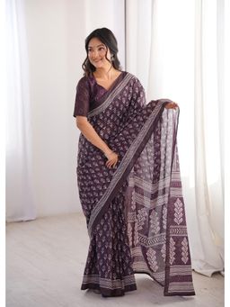 Anjaneya Sarees - Wine Designer Cotton Silk Printed Solid Saree with Unstitched Blouse