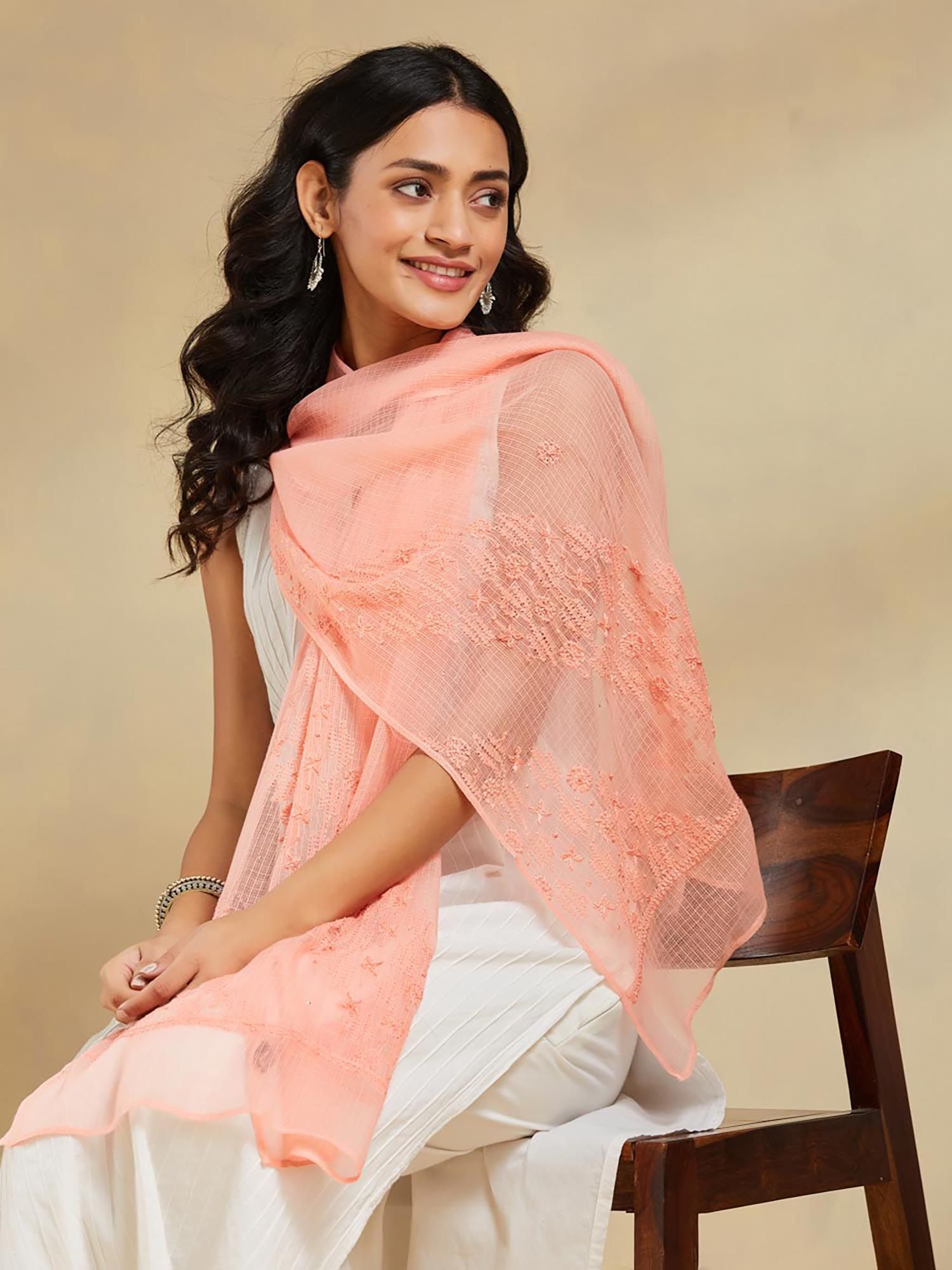 fabindia Peach Cotton Silk Chikankari Stole-picture-35