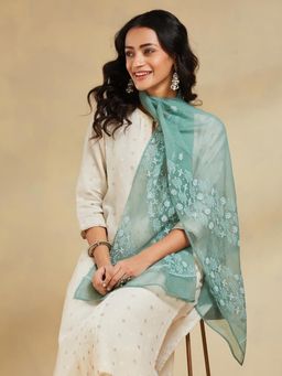 Fabindia - Teal Cotton Silk Chikankari Stole