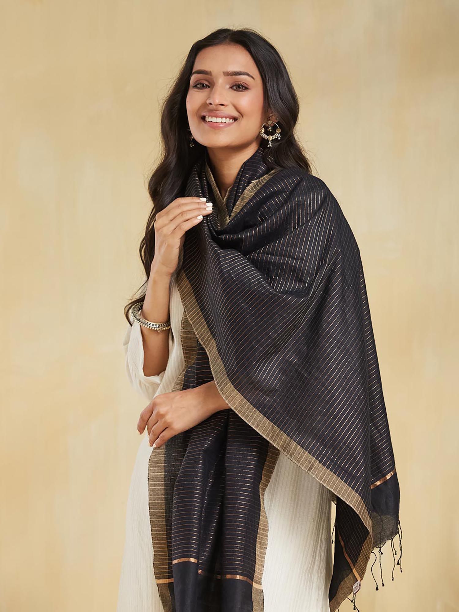 fabindia Black Cotton Silk Hand Woven Stole-picture-38