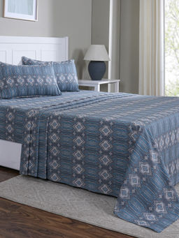 Maspar - King Size Blue Geometric Bedsheet and Pillow Cover