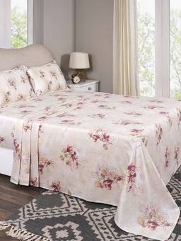 Maspar - King Size Peach Floral Bedsheet and Pillow Case