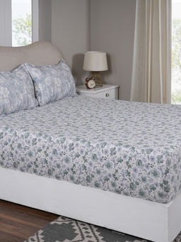 Maspar - Queen Size Blue Floral Fitted Sheet and Pillow Case
