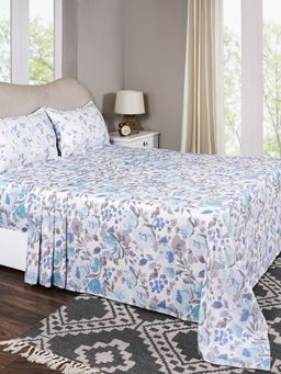 Maspar - King Size Blue Floral Bedsheet and Pillow Case