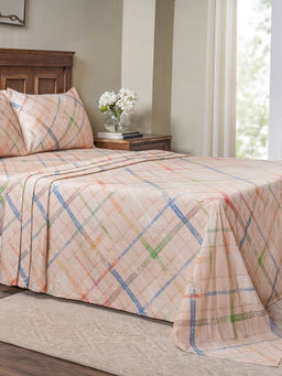 Maspar - King Size Beige Geometric Bedsheet and Pillow Case