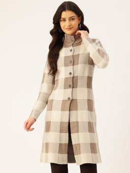 APSLEY - Women Beige Checks Long Overcoat