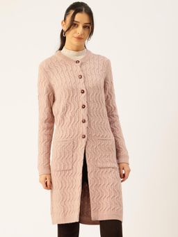APSLEY - Women Peach Self Design Full Sleeves Long Coat