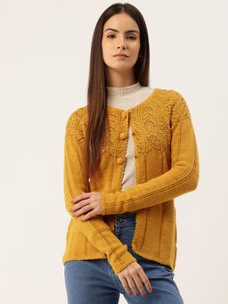APSLEY - Women Mustard Self Design Cardigan