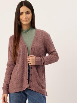 APSLEY - Women Pink Self Design V-Neck Cardigan