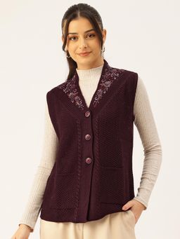 APSLEY - Women Wine Embroidered Front Pocket Sleeveless Cardigan