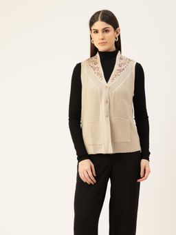 APSLEY - Women Beige Embroidered Front Pocket Sleeveless Cardigan
