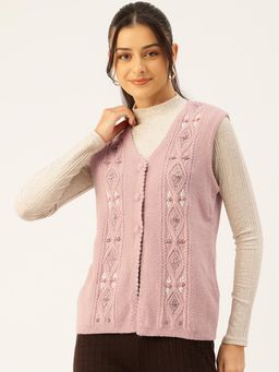 APSLEY - Women Pink Embroidered Sleeveless Cardigan