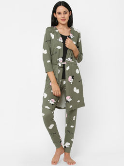Sweet Dreams - Women Printed 3-4th Sleeve Poly Brush Robe, Slip & Pyjamas-green (Set of 3)