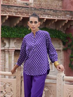 House of Chikankari - Glazed Cotton Hand Block Purple Co-Ord (Set of 2)