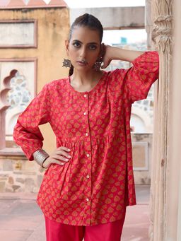 House of Chikankari - Glazed Cotton Hand Block Red Co-Ord (Set of 2)