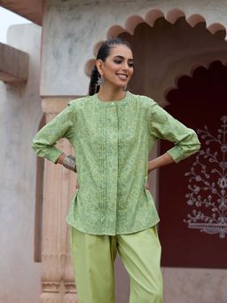 House of Chikankari - Glazed Cotton Hand Block Green Co-Ord (Set of 2)