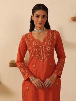 House of Chikankari - Chikankari Womens Cotton Long Kurta - Orange