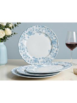 BODHI HOUSE - Blue Leaf White Porcelain Dinner Plates Microwave Safe (Pack of 4)