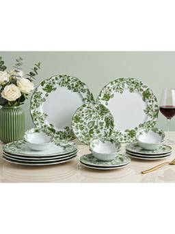 BODHI HOUSE - Porcelain Dinner Plates, Quarter Plates & Katori's - Green Leaf White