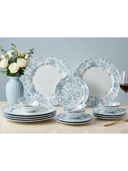 BODHI HOUSE - Porcelain Dinner Plates, Quarter Plates & Katori's - Blue Leaf White