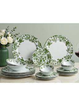 BODHI HOUSE - Porcelain Dinner Plates, Quarter Plates, Katori's & Serving Bowls - Green Leaf White
