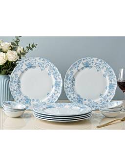BODHI HOUSE - Porcelain Dinner Plates & Katori - Blue Leaf White
