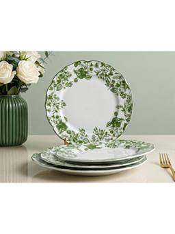 BODHI HOUSE - Green Leaf White Porcelain Dinner Plates Microwave Safe (Pack of 4)