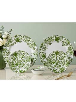 BODHI HOUSE - Porcelain Dinner Plates, Quarter Plates & Katori's - Green Leaf White