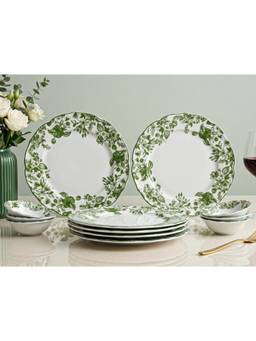 BODHI HOUSE - Porcelain Dinner Plates & Katori - Green Leaf White