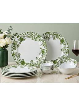 BODHI HOUSE - Porcelain Dinner Plates, Katori's & Serving Bowls - Green Leaf White