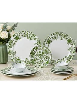 BODHI HOUSE - Porcelain Dinner Plates, Quarter Plates & Katori - Green Leaf White