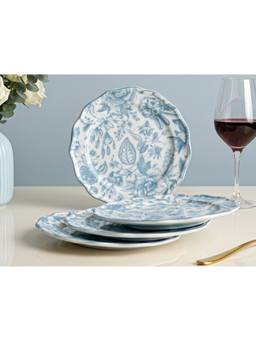BODHI HOUSE - Blue Leaf White Porcelain Quarter Plates Microwave Safe (Pack of 4)