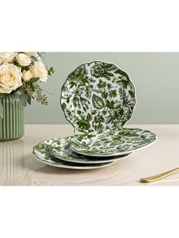 BODHI HOUSE - Green Leaf White Porcelain Quarter Plates Microwave Safe (Pack of 4)
