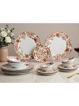BODHI HOUSE - Porcelain Dinner Plates, Quarter Plates, Katori's & Serving Bowls - Orange Leaf White