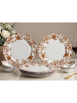 BODHI HOUSE - Porcelain Dinner Plates & Katori - Orange Leaf White