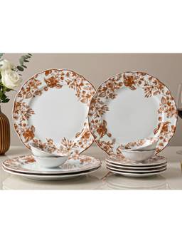 BODHI HOUSE - Porcelain Dinner Plates, Quarter Plates & Katori - Orange Leaf White