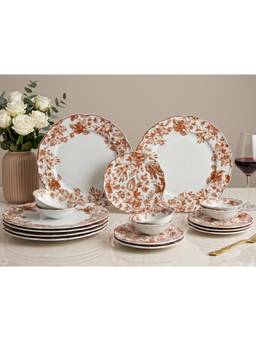 BODHI HOUSE - Porcelain Dinner Plates, Quarter Plates & Katori's - Orange Leaf White