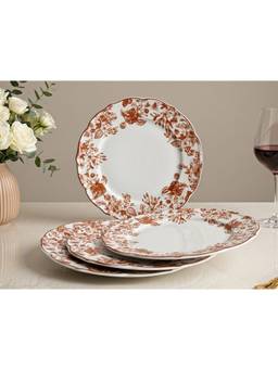 BODHI HOUSE - Orange Leaf White Porcelain Dinner Plates Microwave Safe (Pack of 4)