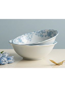 BODHI HOUSE - Blue Leaf White Porcelain Serving Bowls Microwave Safe (Pack of 2)
