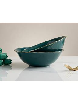 BODHI HOUSE - Gold Rim Porcelain Serving Bowls Chip Resistant Dishwasher Safe - Teal (Pack of 2)
