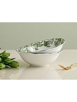 BODHI HOUSE - Green Leaf White Porcelain Serving Bowls Microwave Safe (Pack of 2)