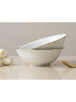 BODHI HOUSE - Gold Rim Porcelain Serving Bowls Chip Resistant Dishwasher Safe - White (Pack of 2)
