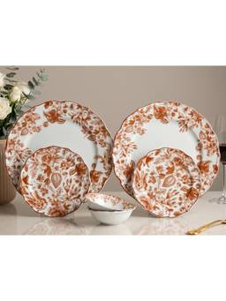 BODHI HOUSE - Porcelain Dinner Plates, Quarter Plates & Katori's - Orange Leaf White