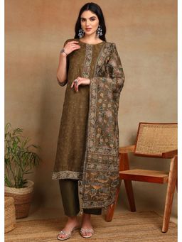 Gahan - Womens Olive Ethnic Motif Printed Kurta with Sequin Work Pant and Dupatta
