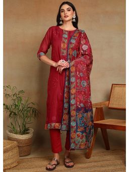 Gahan - Womens Red Ethnic Motif Printed Kurta with Kantha Sequin Work Pant and Dupatta