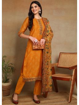 Gahan - Womens Yellow Ethnic Motif Printed Kurta with Kantha Sequin Work Pant and Dupatta