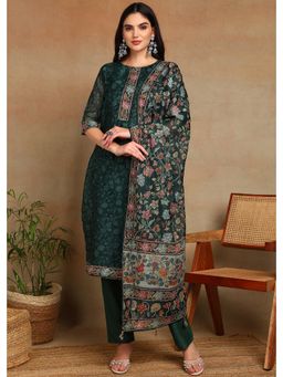 Gahan - Womens Green Ethnic Motif Printed Kurta with Kantha Sequin Work Pant and Dupatta