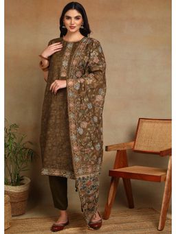 Gahan - Womens Mustard Ethnic Motif Printed Kurta with Kantha Sequin Work Pant and Dupatta