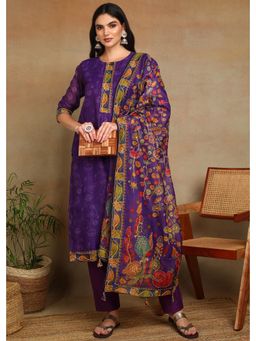 Gahan - Womens Purple Ethnic Motif Printed Kurta with Kantha Sequin Work Pant and Dupatta