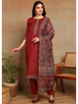 Gahan - Womens Maroon Ethnic Motif Printed Kurta with Kantha Sequin Work Pant and Dupatta
